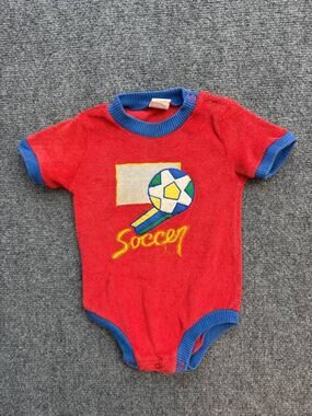 Vintage Sears Infant Soccer Terry Cloth Romper Red Blue 3-6M Made in Taiwan